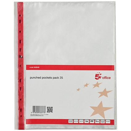 5 Star A4 Reinforced Punched Pockets, Top Opening, Pack of 25