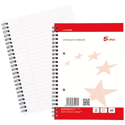 5 Star Wirebound Notebook, A5, Ruled with Margin, 100 Pages, White, Pack of 10