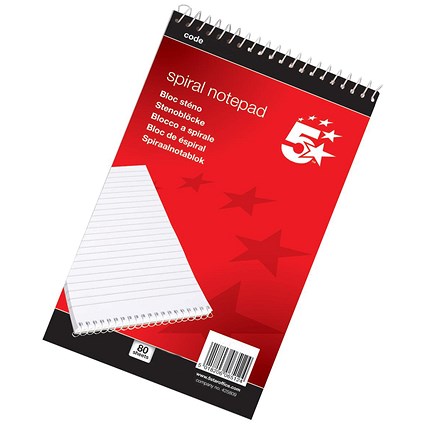 5 Star Headbound Spiral Notepad, A5, Ruled, 200 Pages, White