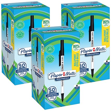 PaperMate Kilometrico Ballpoint Pen, Medium 1.0mm, Black, Pack of 50 - 3 Pack Saver Bundle