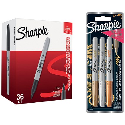 Sharpie Permanent Marker Fine Black (Pack of 36) - Get Sharpie Metallic Permanent Marker Pen, Fine, Gold, Silver and Bronze, Pack of 3 Free