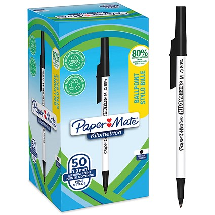 Paper Mate Kilometrico Ballpoint Pen, Medium 1.0mm, Black, Pack of 50