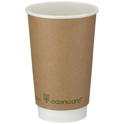 Edenware Double Wall PLA Lined Coffee Cup, 16oz, Kraft, Pack of 500