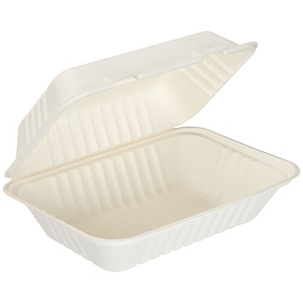 Bagasse Clamshell Large Meal Box, 9x6 Inch, White, Pack of 250