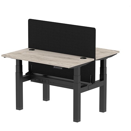 Air 2 Person Sit-Standing Bench Desk with Charcoal Straight Screen, Back to Back, 2 x 1200mm (600mm Deep), Black Frame, Grey Oak