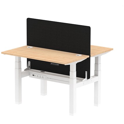 Air 2 Person Sit-Standing Bench Desk with Charcoal Straight Screen, Back to Back, 2 x 1200mm (600mm Deep), White Frame, Maple