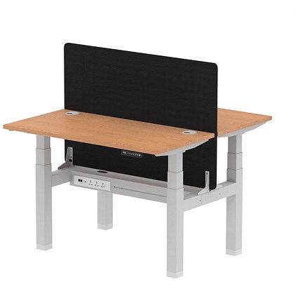 Air 2 Person Sit-Standing Bench Desk with Charcoal Straight Screen, Back to Back, 2 x 1200mm (600mm Deep), Silver Frame, Oak