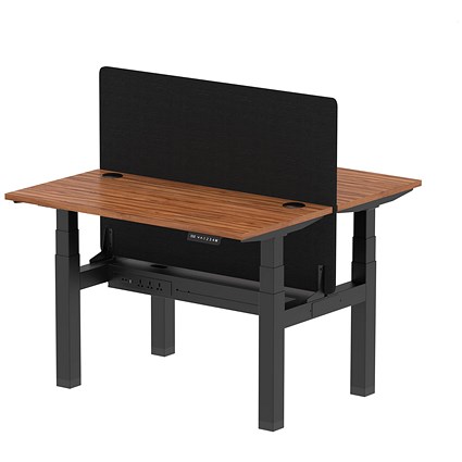 Air 2 Person Sit-Standing Bench Desk with Charcoal Straight Screen, Back to Back, 2 x 1200mm (600mm Deep), Black Frame, Walnut