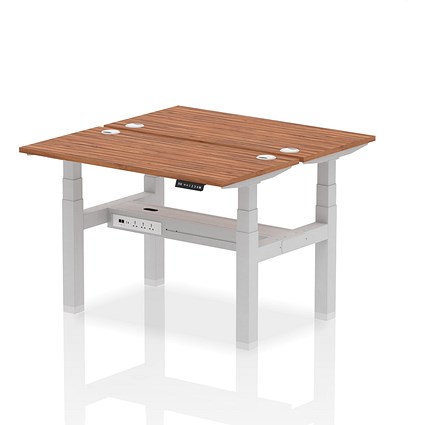 Air 2 Person Sit-Standing Bench Desk, Back to Back, 2 x 1200mm (600mm Deep), Silver Frame, Walnut