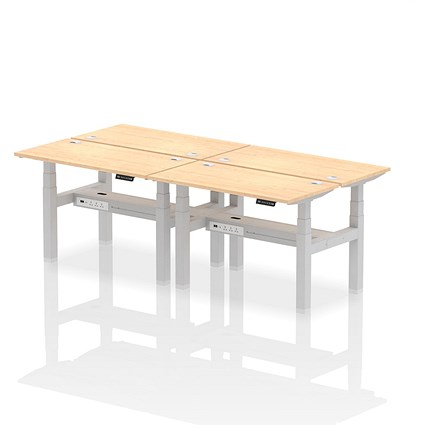 Air 4 Person Sit-Standing Bench Desk, Back to Back, 4 x 1200mm (600mm Deep), Silver Frame, Maple