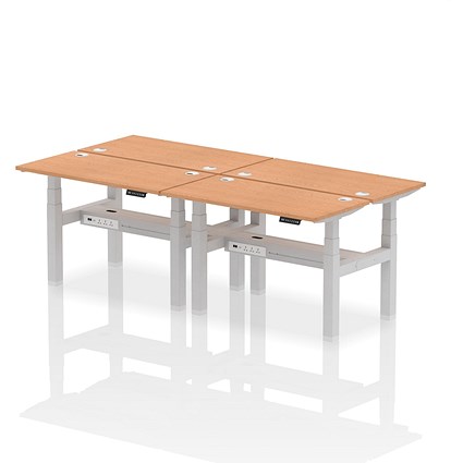 Air 4 Person Sit-Standing Bench Desk, Back to Back, 4 x 1200mm (600mm Deep), Silver Frame, Oak