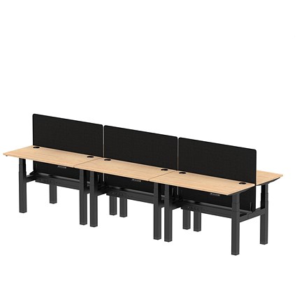 Air 6 Person Sit-Standing Bench Desk with Charcoal Straight Screen, Back to Back, 6 x 1200mm (600mm Deep), Black Frame, Maple