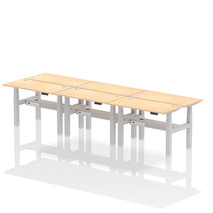 Air 6 Person Sit-Standing Bench Desk, Back to Back, 6 x 1200mm (600mm Deep), Silver Frame, Maple