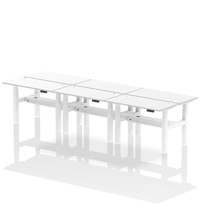 Air 6 Person Sit-Standing Bench Desk, Back to Back, 6 x 1200mm (600mm Deep), White Frame, White