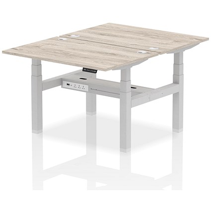 Air 2 Person Sit-Standing Bench Desk, Back to Back, 2 x 1200mm (800mm Deep), Silver Frame, Grey Oak