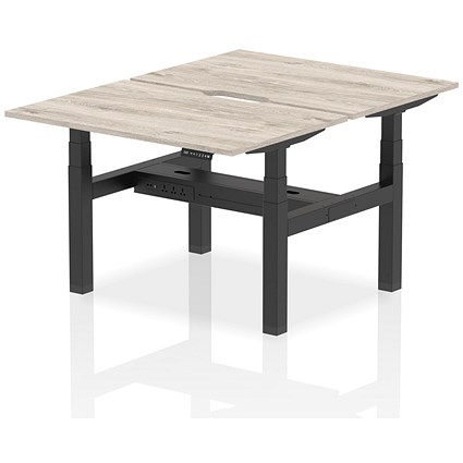 Air 2 Person Sit-Standing Scalloped Bench Desk, Back to Back, 2 x 1200mm (800mm Deep), Black Frame, Grey Oak