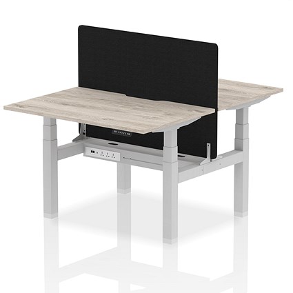 Air 2 Person Sit-Standing Scalloped Bench Desk with Charcoal Straight Screen, Back to Back, 2 x 1200mm (800mm Deep), Silver Frame, Grey Oak