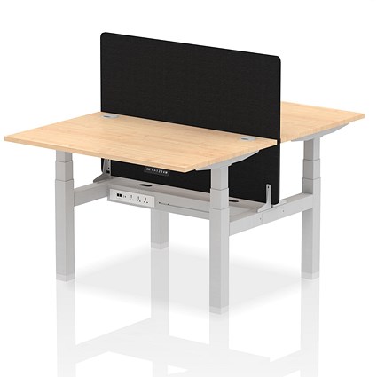 Air 2 Person Sit-Standing Bench Desk with Charcoal Straight Screen, Back to Back, 2 x 1200mm (800mm Deep), Silver Frame, Maple