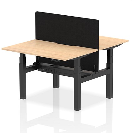 Air 2 Person Sit-Standing Scalloped Bench Desk with Charcoal Straight Screen, Back to Back, 2 x 1200mm (800mm Deep), Black Frame, Maple