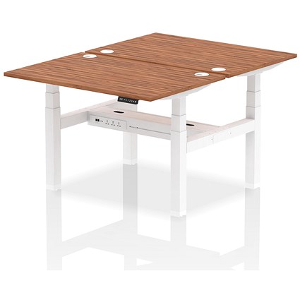 Air 2 Person Sit-Standing Bench Desk, Back to Back, 2 x 1200mm (800mm Deep), White Frame, Walnut