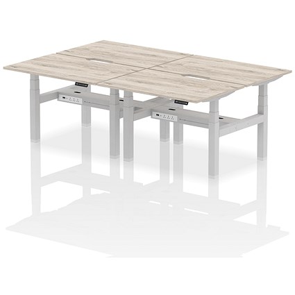 Air 4 Person Sit-Standing Scalloped Bench Desk, Back to Back, 4 x 1200mm (800mm Deep), Silver Frame, Grey Oak