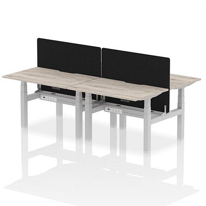 Air 4 Person Sit-Standing Scalloped Bench Desk with Charcoal Straight Screen, Back to Back, 4 x 1200mm (800mm Deep), Silver Frame, Grey Oak