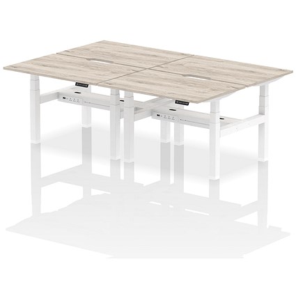 Air 4 Person Sit-Standing Scalloped Bench Desk, Back to Back, 4 x 1200mm (800mm Deep), White Frame, Grey Oak