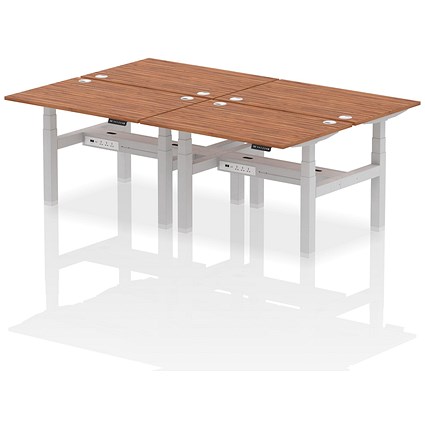 Air 4 Person Sit-Standing Bench Desk, Back to Back, 4 x 1200mm (800mm Deep), Silver Frame, Walnut