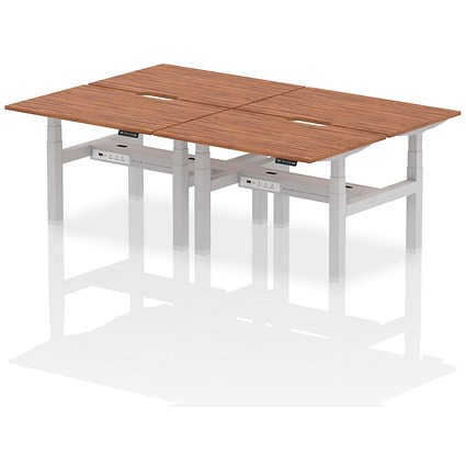 Air 4 Person Sit-Standing Scalloped Bench Desk, Back to Back, 4 x 1200mm (800mm Deep), Silver Frame, Walnut