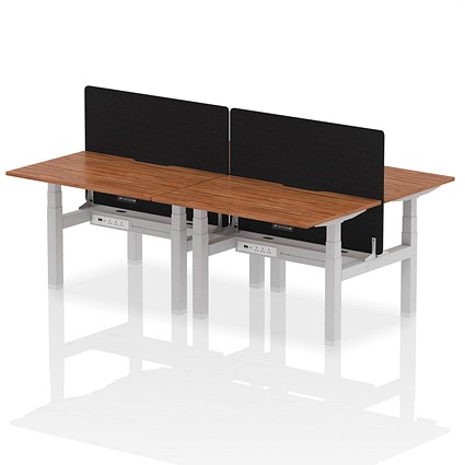 Air 4 Person Sit-Standing Scalloped Bench Desk with Charcoal Straight Screen, Back to Back, 4 x 1200mm (800mm Deep), Silver Frame, Walnut