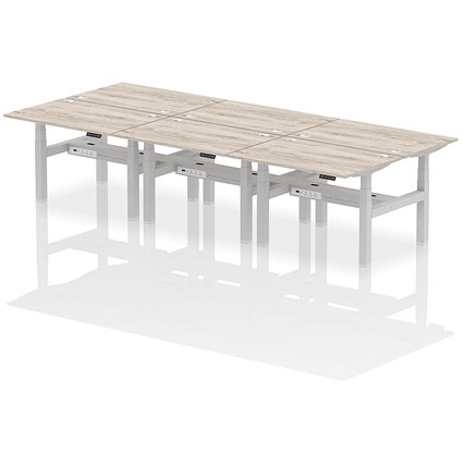 Air 6 Person Sit-Standing Bench Desk, Back to Back, 6 x 1200mm (800mm Deep), Silver Frame, Grey Oak