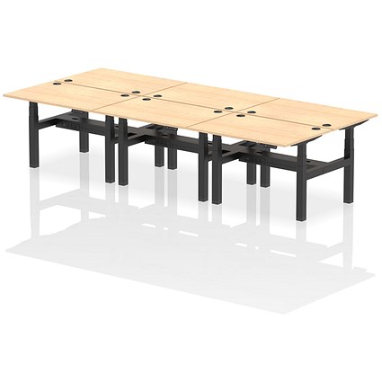 Air 6 Person Sit-Standing Bench Desk, Back to Back, 6 x 1200mm (800mm Deep), Black Frame, Maple