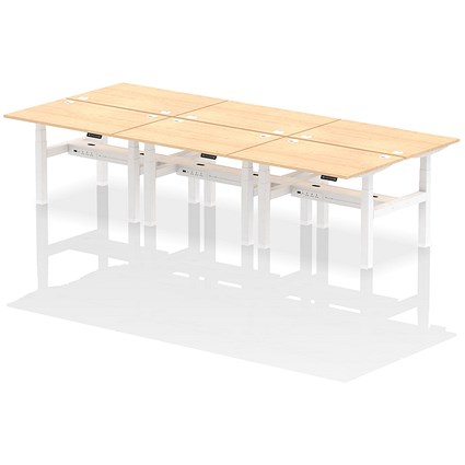 Air 6 Person Sit-Standing Bench Desk, Back to Back, 6 x 1200mm (800mm Deep), White Frame, Maple