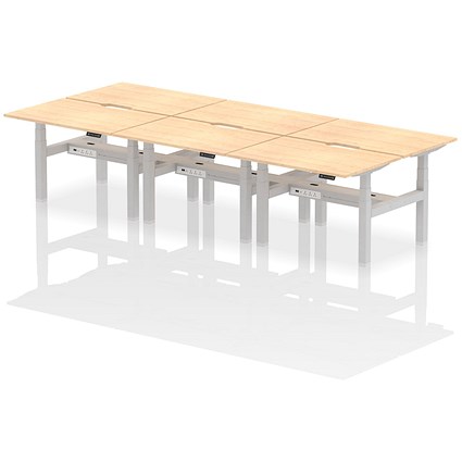 Air 6 Person Sit-Standing Scalloped Bench Desk, Back to Back, 6 x 1200mm (800mm Deep), Silver Frame, Maple