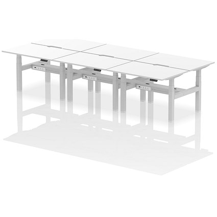 Air 6 Person Sit-Standing Scalloped Bench Desk, Back to Back, 6 x 1200mm (800mm Deep), Silver Frame, White