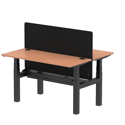 Air 2 Person Sit-Standing Bench Desk with Charcoal Straight Screen, Back to Back, 2 x 1400mm (600mm Deep), Black Frame, Beech