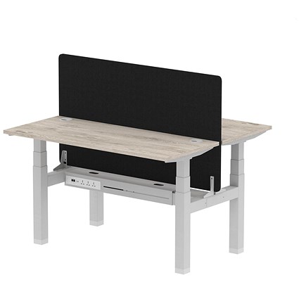 Air 2 Person Sit-Standing Bench Desk with Charcoal Straight Screen, Back to Back, 2 x 1400mm (600mm Deep), Silver Frame, Grey Oak