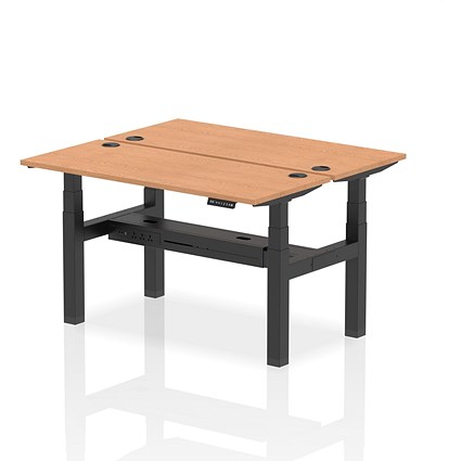 Air 2 Person Sit-Standing Bench Desk, Back to Back, 2 x 1400mm (600mm Deep), Black Frame, Oak