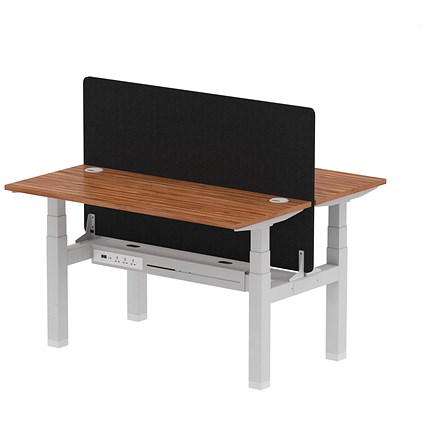 Air 2 Person Sit-Standing Bench Desk with Charcoal Straight Screen, Back to Back, 2 x 1400mm (600mm Deep), Silver Frame, Walnut