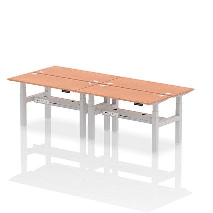 Air 4 Person Sit-Standing Bench Desk, Back to Back, 4 x 1400mm (600mm Deep), Silver Frame, Beech