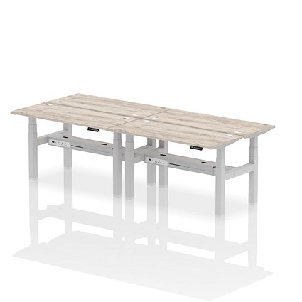 Air 4 Person Sit-Standing Bench Desk, Back to Back, 4 x 1400mm (600mm Deep), Silver Frame, Grey Oak