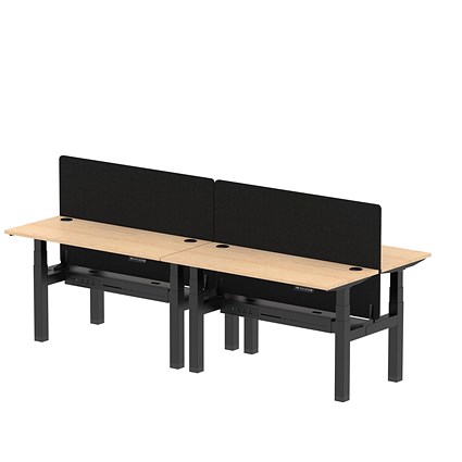 Air 4 Person Sit-Standing Bench Desk with Charcoal Straight Screen, Back to Back, 4 x 1400mm (600mm Deep), Black Frame, Maple