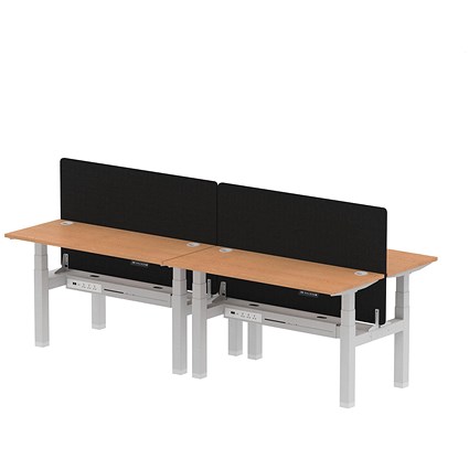 Air 4 Person Sit-Standing Bench Desk with Charcoal Straight Screen, Back to Back, 4 x 1400mm (600mm Deep), Silver Frame, Oak