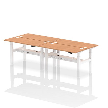 Air 4 Person Sit-Standing Bench Desk, Back to Back, 4 x 1400mm (600mm Deep), White Frame, Oak