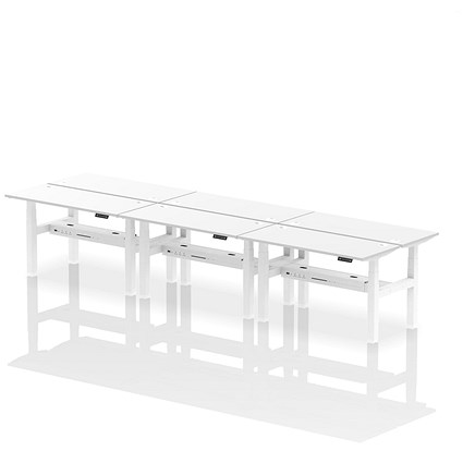 Air 6 Person Sit-Standing Bench Desk, Back to Back, 6 x 1400mm (600mm Deep), White Frame, White