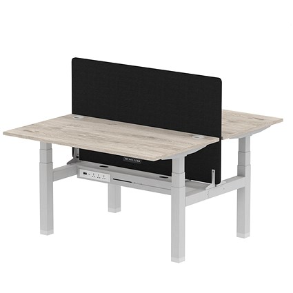 Air 2 Person Sit-Standing Bench Desk with Charcoal Straight Screen, Back to Back, 2 x 1400mm (800mm Deep), Silver Frame, Grey Oak