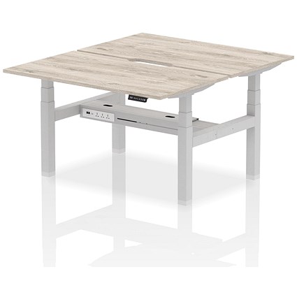 Air 2 Person Sit-Standing Scalloped Bench Desk, Back to Back, 2 x 1400mm (800mm Deep), Silver Frame, Grey Oak