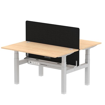 Air 2 Person Sit-Standing Bench Desk with Charcoal Straight Screen, Back to Back, 2 x 1400mm (800mm Deep), Silver Frame, Maple