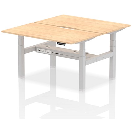 Air 2 Person Sit-Standing Scalloped Bench Desk, Back to Back, 2 x 1400mm (800mm Deep), Silver Frame, Maple