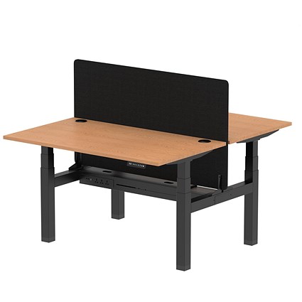 Air 2 Person Sit-Standing Bench Desk with Charcoal Straight Screen, Back to Back, 2 x 1400mm (800mm Deep), Black Frame, Oak